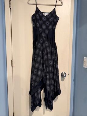 Navy Printed Spaghetti-Strap Handkerchief Hem Dress